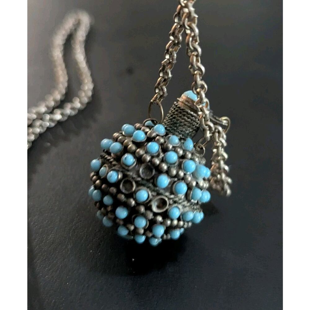 Vtg Turquoise Snuff Scent Bottle Necklace Tibetan Silver Perfume Poison Pendant - Picture 12 of 12